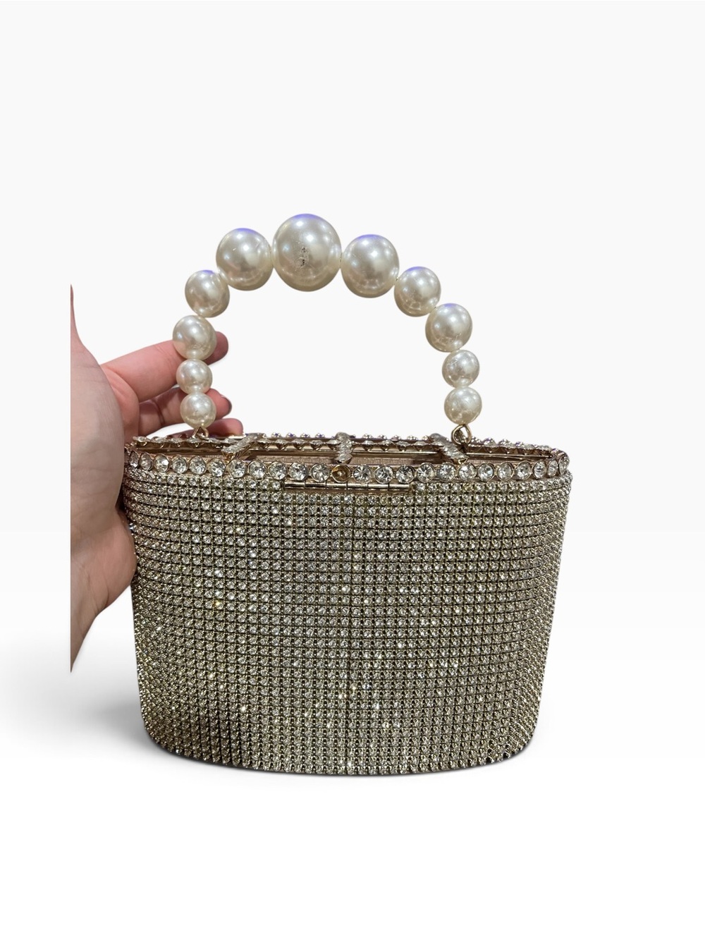 Faux Pearl-Handle Crystal Evening Bag - Gold - Picture 5 of 9